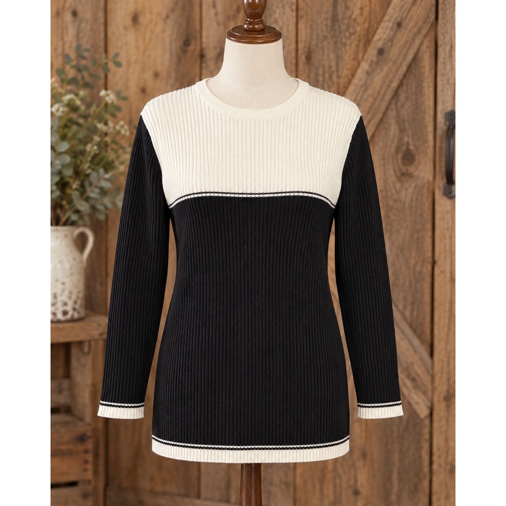 Talbots Black Ivory Colorblock Ribbed Sweater Tunic Size L Vintage Y2K Preppy
